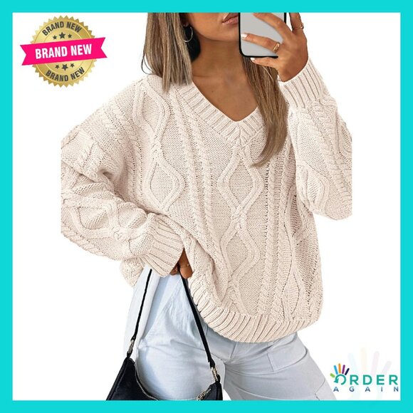 Oversized Cable Knit V-Neck Sweater Cozy Pullover Chunky Knit Winter Wear